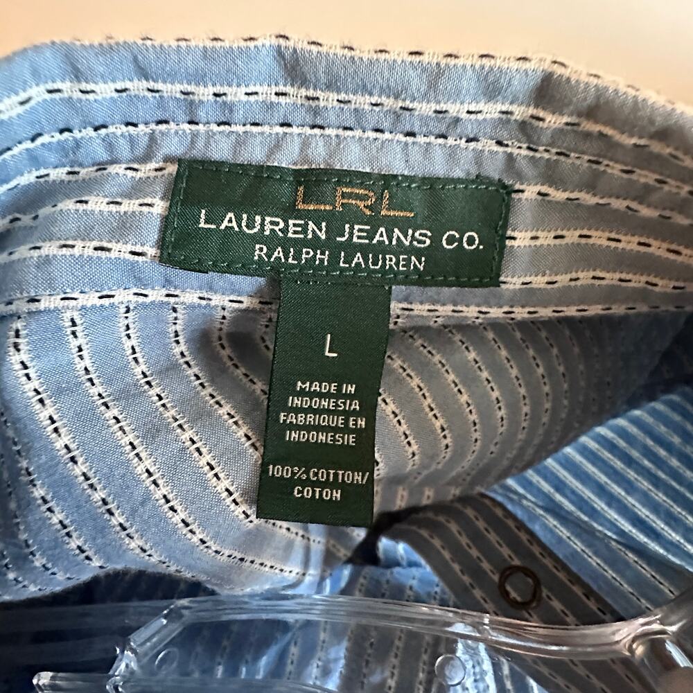 LRL Lauren Jeans Striped Pearl Snap Top Womens Large Light Blue Western Shirt - Picture 6 of 10